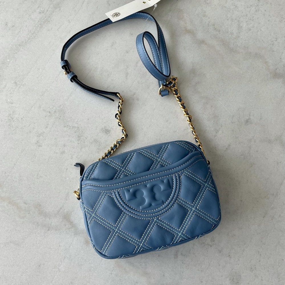 NWT Tory Burch Soft Fleming quilted leather camera bag blue